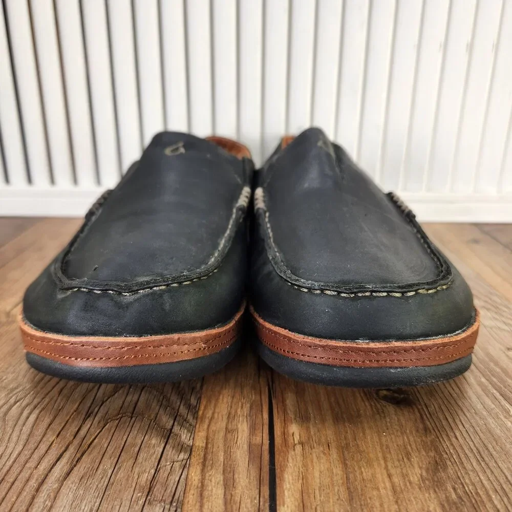Olukai Moloa Leather Slip On Shoes Mens Sz 10 Black Brown Casual Moc Toe Loafers